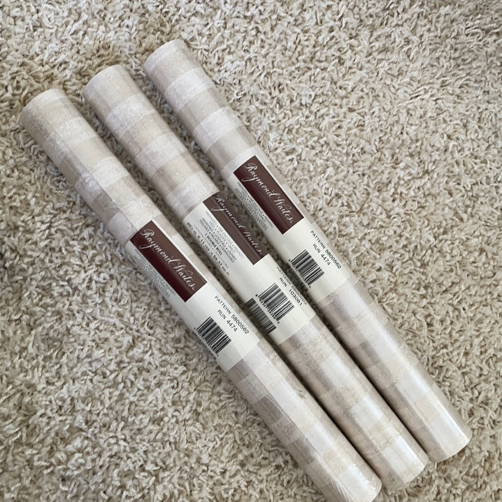 3 Rolls Raymond Waites Wallpaper, Beige Metallic Stripe